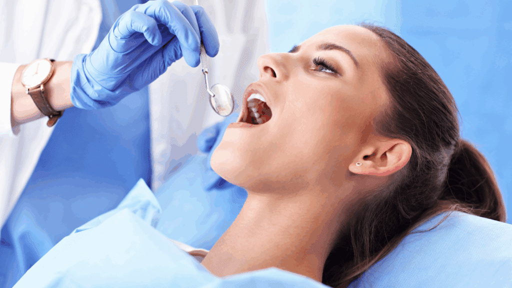 Woman in dentist chair getting ready to have a root canal.